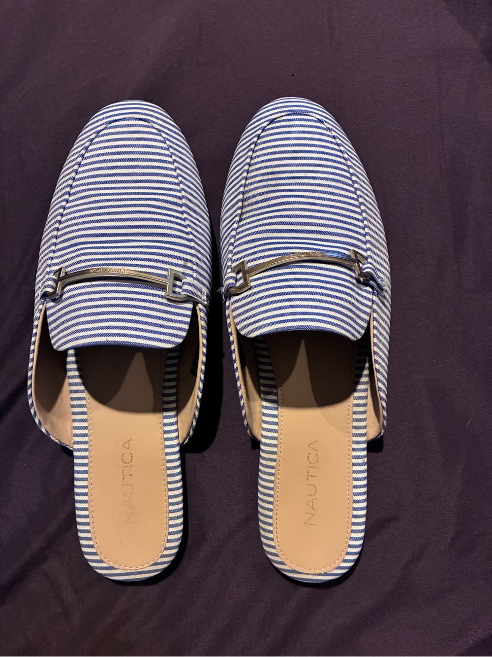 Nautica Women's Blue and White Striped Slip-On Mules